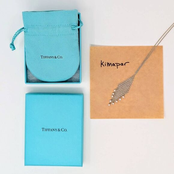 Tiffany Elsa Peretti Mesh Fringe Pendant necklace sterling with small pearls - Picture 5 of 11